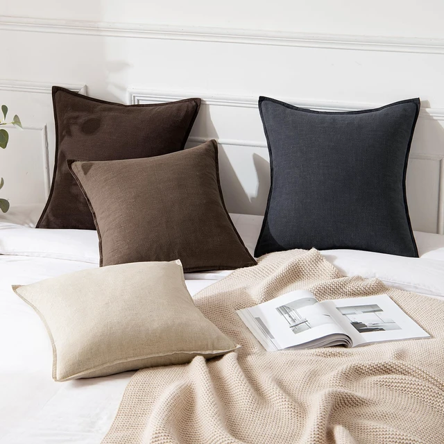 Alt view image 4 of 6 - Decorative Linen Pillow Covers 18x18 Inch Dark Brown | Boho Farmhouse Fall Autumn Couch Throw Pillows for Bed, Pack of 2 Accent Modern Pillowcases, Sofa Livingroom Home Decor