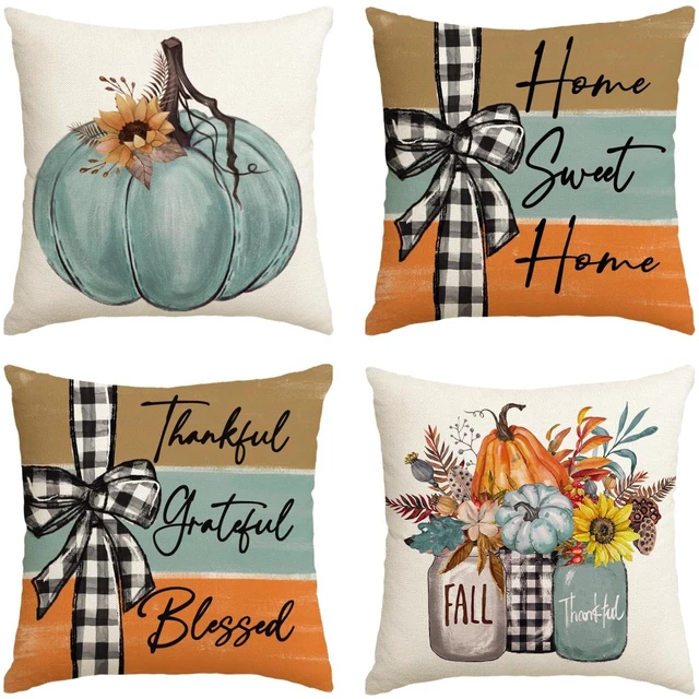 Main image of Fall Pumpkin Home Sweet Home Throw Pillow Covers, 18 x 18 Inch Autumn Thankful Grateful Blessed Harvest Floral Decorations for Sofa Couch Set of 4