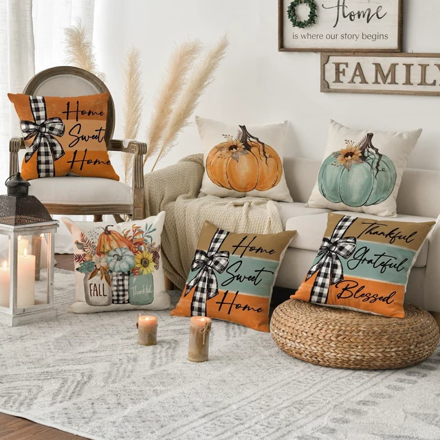 Alt view image 2 of 7 - Fall Pumpkin Home Sweet Home Throw Pillow Covers, 18 x 18 Inch Autumn Thankful Grateful Blessed Harvest Floral Decorations for Sofa Couch Set of 4
