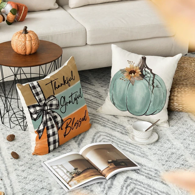 Alt view image 3 of 7 - Fall Pumpkin Home Sweet Home Throw Pillow Covers, 18 x 18 Inch Autumn Thankful Grateful Blessed Harvest Floral Decorations for Sofa Couch Set of 4