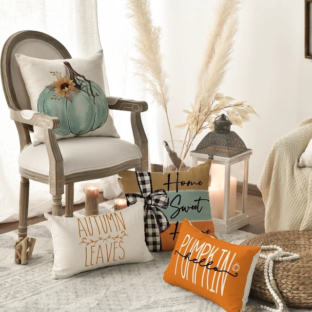 Alt view image 4 of 7 - Fall Pumpkin Home Sweet Home Throw Pillow Covers, 18 x 18 Inch Autumn Thankful Grateful Blessed Harvest Floral Decorations for Sofa Couch Set of 4