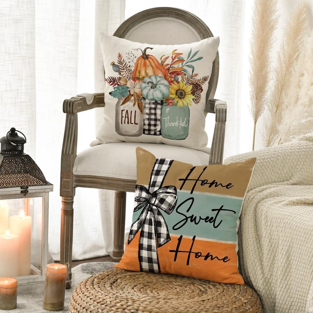 Alt view image 5 of 7 - Fall Pumpkin Home Sweet Home Throw Pillow Covers, 18 x 18 Inch Autumn Thankful Grateful Blessed Harvest Floral Decorations for Sofa Couch Set of 4