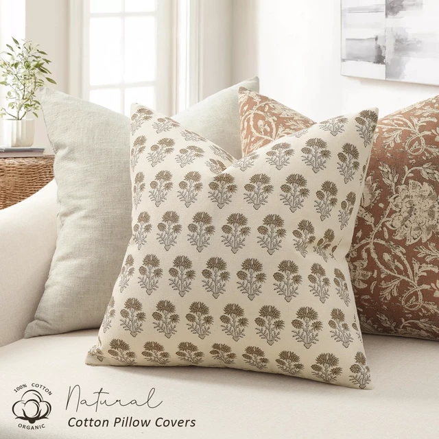 Alt view image 2 of 6 - Farmhouse Floral Pillow Covers 18x18 Set of 2, Country Botanical Throw Pillow Cover for Sofa Couch Bed Living Room, Rustic Vintage Flower Cushion Covers Cottage Home Decor,Vintage Walnut