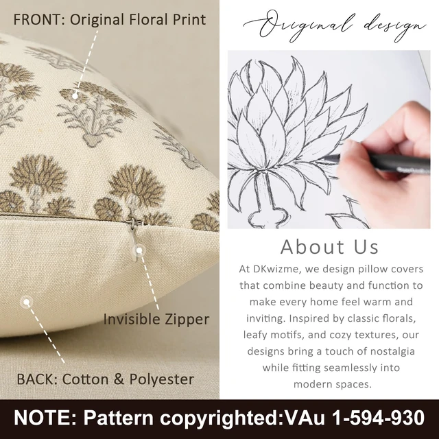 Alt view image 3 of 6 - Farmhouse Floral Pillow Covers 18x18 Set of 2, Country Botanical Throw Pillow Cover for Sofa Couch Bed Living Room, Rustic Vintage Flower Cushion Covers Cottage Home Decor,Vintage Walnut