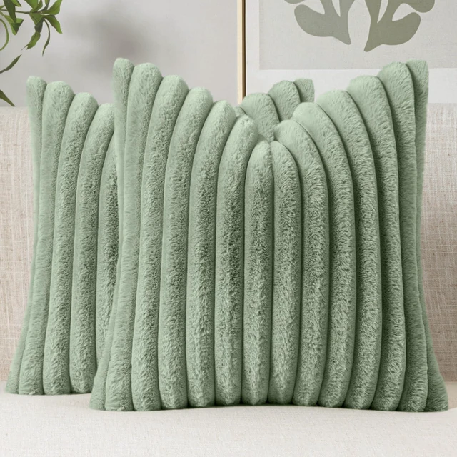 Main image of Faux Fur Decorative Throw Pillow Covers 18x18 Set of 2 Sage Green | Modern Soft Plush Couch Pillows, Cozy Fluffy Cushion Covers for Sofa Bed Living Room Home Decor