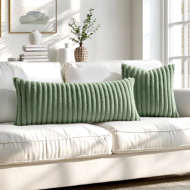 Alt view image 7 of 7 - Faux Fur Decorative Throw Pillow Covers 18x18 Set of 2 Sage Green | Modern Soft Plush Couch Pillows, Cozy Fluffy Cushion Covers for Sofa Bed Living Room Home Decor