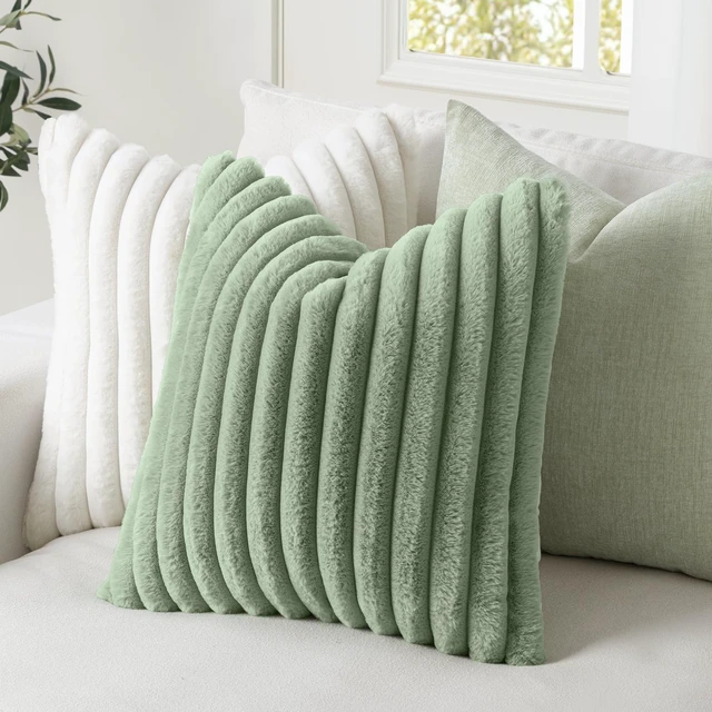 Alt view image 3 of 7 - Faux Fur Decorative Throw Pillow Covers 18x18 Set of 2 Sage Green | Modern Soft Plush Couch Pillows, Cozy Fluffy Cushion Covers for Sofa Bed Living Room Home Decor