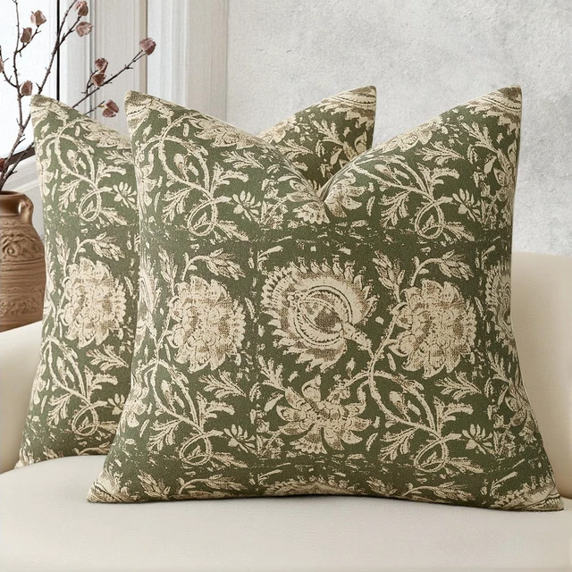 Main image of Vintage Floral Print Throw Pillow Covers 18x18 Set of 2 Neutral Modern Farmhouse Pillowcases Accent Decorative Cushion Covers Boho Home Decor for Couch Sofa Chair Bed Living Room, Olive Green