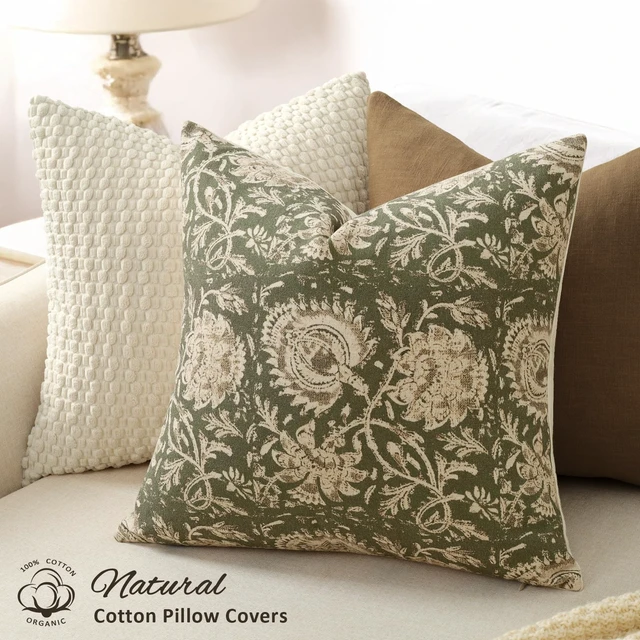 Alt view image 2 of 6 - Vintage Floral Print Throw Pillow Covers 18x18 Set of 2 Neutral Modern Farmhouse Pillowcases Accent Decorative Cushion Covers Boho Home Decor for Couch Sofa Chair Bed Living Room, Olive Green