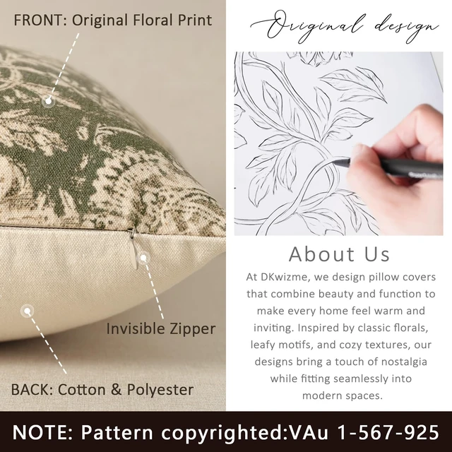 Alt view image 3 of 6 - Vintage Floral Print Throw Pillow Covers 18x18 Set of 2 Neutral Modern Farmhouse Pillowcases Accent Decorative Cushion Covers Boho Home Decor for Couch Sofa Chair Bed Living Room, Olive Green