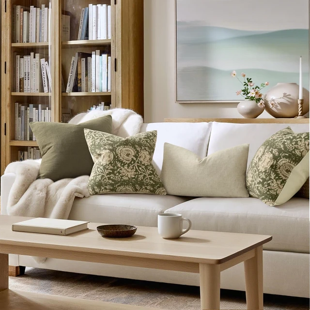 Alt view image 5 of 6 - Vintage Floral Print Throw Pillow Covers 18x18 Set of 2 Neutral Modern Farmhouse Pillowcases Accent Decorative Cushion Covers Boho Home Decor for Couch Sofa Chair Bed Living Room, Olive Green