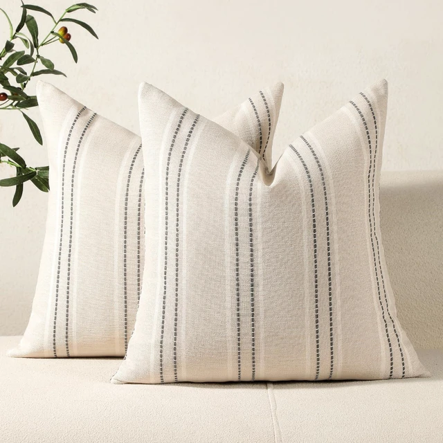 Main image of Decorative Throw Pillow Covers 20x20 Set of 2 Striped Pillow Covers | Textured Linen Grey Pillow Covers Outdoor Farmhouse Throw Pillows for Couch Sofa Bed Living Room Cushion Covers Home Decor
