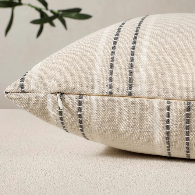 Alt view image 2 of 7 - Decorative Throw Pillow Covers 20x20 Set of 2 Striped Pillow Covers | Textured Linen Grey Pillow Covers Outdoor Farmhouse Throw Pillows for Couch Sofa Bed Living Room Cushion Covers Home Decor