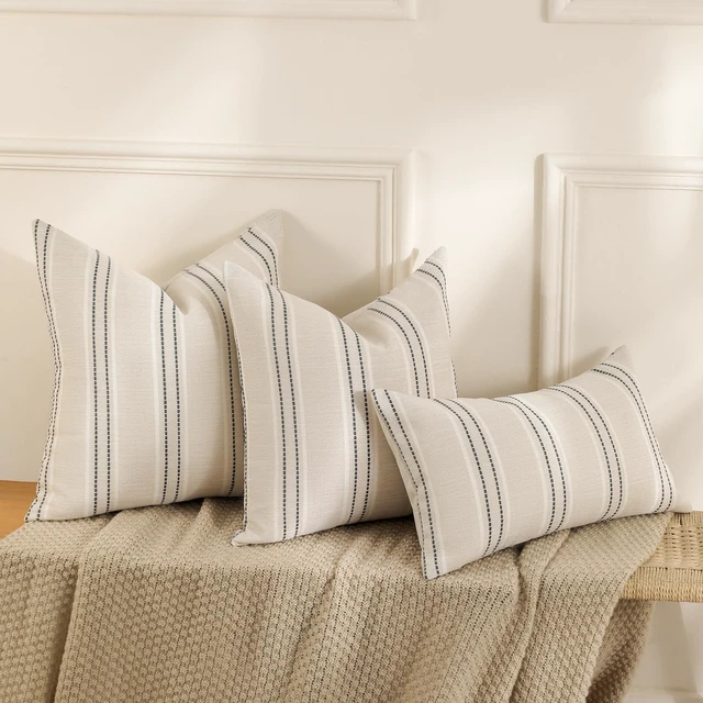 Alt view image 4 of 7 - Decorative Throw Pillow Covers 20x20 Set of 2 Striped Pillow Covers | Textured Linen Grey Pillow Covers Outdoor Farmhouse Throw Pillows for Couch Sofa Bed Living Room Cushion Covers Home Decor