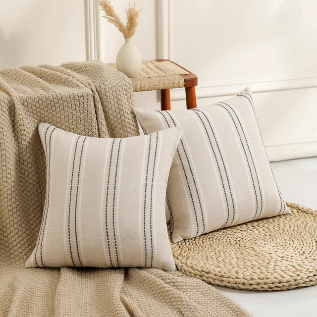 Alt view image 3 of 7 - Decorative Throw Pillow Covers 20x20 Set of 2 Striped Pillow Covers | Textured Linen Grey Pillow Covers Outdoor Farmhouse Throw Pillows for Couch Sofa Bed Living Room Cushion Covers Home Decor