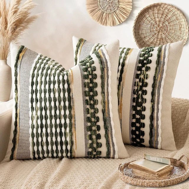 Main image of Boho Decorative Pillow Covers Olive Green Stripe 18x18 Pack of 2 | Throw Pillow Covers, Farmhouse Cushion Case, Chenille Pillow Cases, Pillow Covers, Accent Neutral Pillowcase for Couch Bed