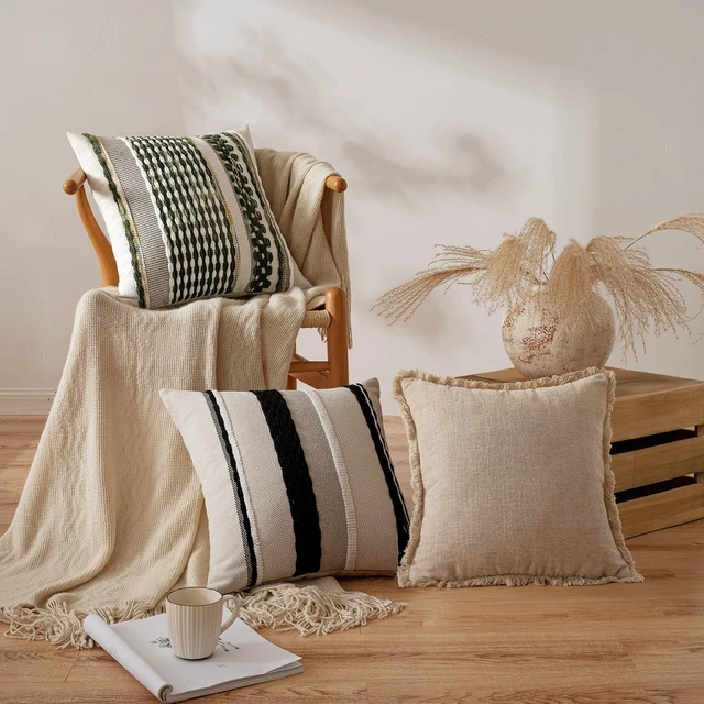 Alt view image 3 of 6 - Boho Decorative Pillow Covers Olive Green Stripe 18x18 Pack of 2 | Throw Pillow Covers, Farmhouse Cushion Case, Chenille Pillow Cases, Pillow Covers, Accent Neutral Pillowcase for Couch Bed