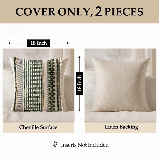 Alt view image 4 of 6 - Boho Decorative Pillow Covers Olive Green Stripe 18x18 Pack of 2 | Throw Pillow Covers, Farmhouse Cushion Case, Chenille Pillow Cases, Pillow Covers, Accent Neutral Pillowcase for Couch Bed