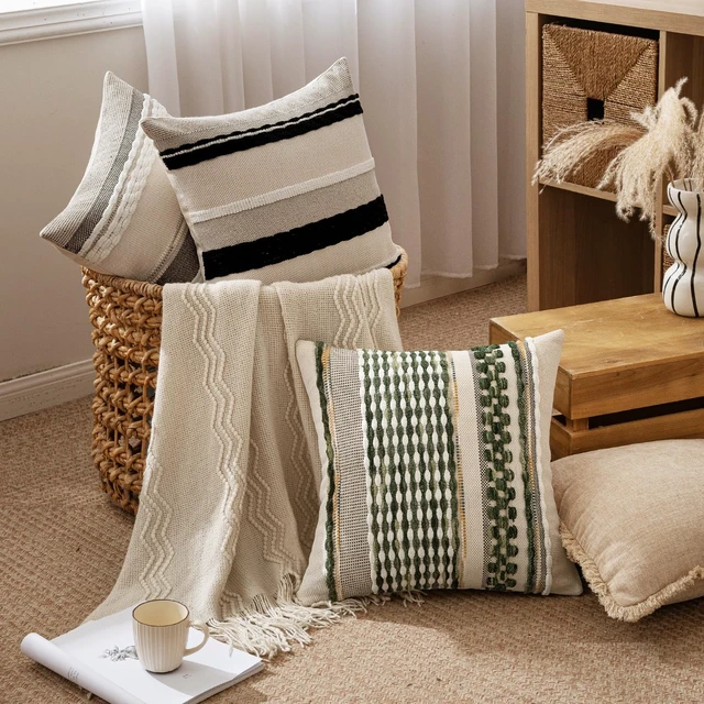 Alt view image 2 of 6 - Boho Decorative Pillow Covers Olive Green Stripe 18x18 Pack of 2 | Throw Pillow Covers, Farmhouse Cushion Case, Chenille Pillow Cases, Pillow Covers, Accent Neutral Pillowcase for Couch Bed