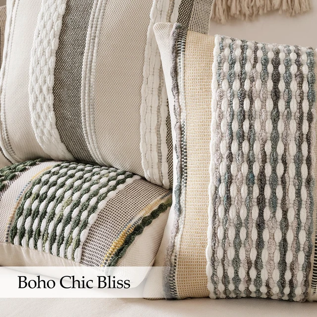 Alt view image 5 of 6 - Boho Decorative Pillow Covers Olive Green Stripe 18x18 Pack of 2 | Throw Pillow Covers, Farmhouse Cushion Case, Chenille Pillow Cases, Pillow Covers, Accent Neutral Pillowcase for Couch Bed