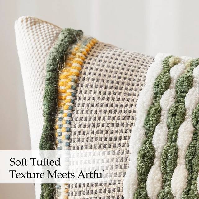 Alt view image 6 of 6 - Boho Decorative Pillow Covers Olive Green Stripe 18x18 Pack of 2 | Throw Pillow Covers, Farmhouse Cushion Case, Chenille Pillow Cases, Pillow Covers, Accent Neutral Pillowcase for Couch Bed