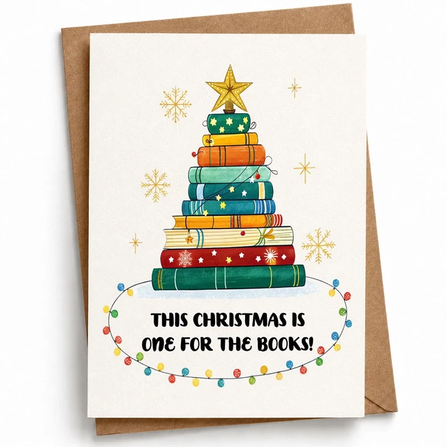 Main image of Book Lover Holiday Greeting Christmas Card for Bookworm Librarian Teacher | xmas gift watercolor colorful stacked novels festive artwork librarians teachers student author blank inside kraft envelope