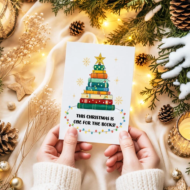 Alt view image 2 of 7 - Book Lover Holiday Greeting Christmas Card for Bookworm Librarian Teacher | xmas gift watercolor colorful stacked novels festive artwork librarians teachers student author blank inside kraft envelope