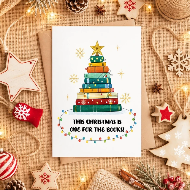 Alt view image 4 of 7 - Book Lover Holiday Greeting Christmas Card for Bookworm Librarian Teacher | xmas gift watercolor colorful stacked novels festive artwork librarians teachers student author blank inside kraft envelope