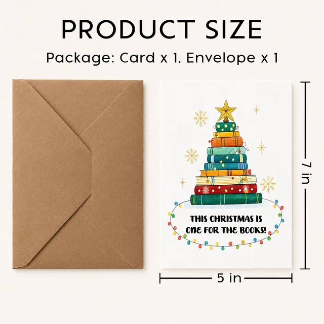 Alt view image 3 of 7 - Book Lover Holiday Greeting Christmas Card for Bookworm Librarian Teacher | xmas gift watercolor colorful stacked novels festive artwork librarians teachers student author blank inside kraft envelope