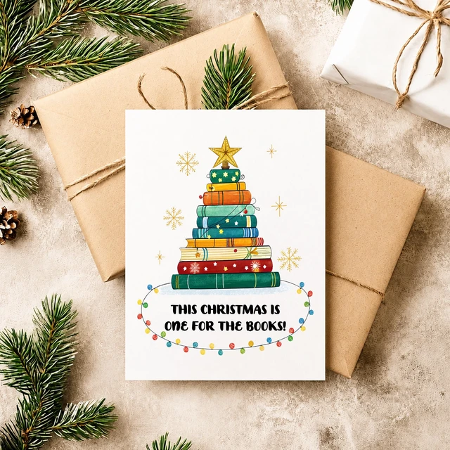 Alt view image 6 of 7 - Book Lover Holiday Greeting Christmas Card for Bookworm Librarian Teacher | xmas gift watercolor colorful stacked novels festive artwork librarians teachers student author blank inside kraft envelope