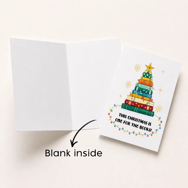 Alt view image 7 of 7 - Book Lover Holiday Greeting Christmas Card for Bookworm Librarian Teacher | xmas gift watercolor colorful stacked novels festive artwork librarians teachers student author blank inside kraft envelope