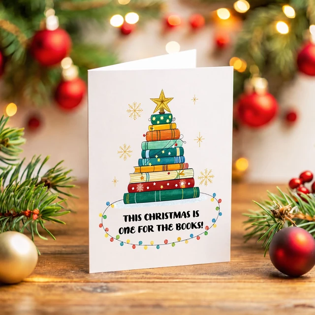 Alt view image 5 of 7 - Book Lover Holiday Greeting Christmas Card for Bookworm Librarian Teacher | xmas gift watercolor colorful stacked novels festive artwork librarians teachers student author blank inside kraft envelope