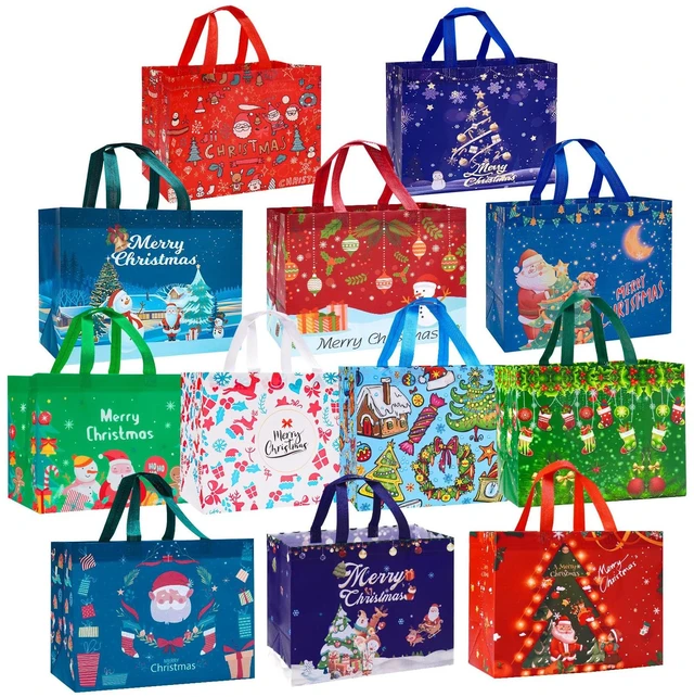 Main image of 12 Pack Christmas Gift Bags 13 Large Reusable Tote Bags | Non-Wove Bags with Handles for New Year's Shopping, Christmas Surprise, Xmas Party Supplies,12.8"×9.8"×6.7"
