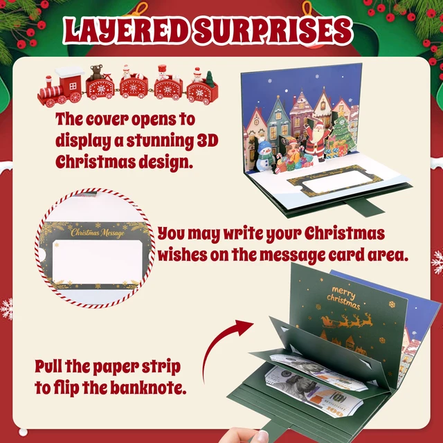Alt view image 3 of 6 - 3D Pattern Pull-Out Christmas Money Holders & Gift Card Book with Envelope | AllinOne Christmas Cash Card Booklet, Builtin 3D Pattern, Christmas Note Card, PullOut Money Holder