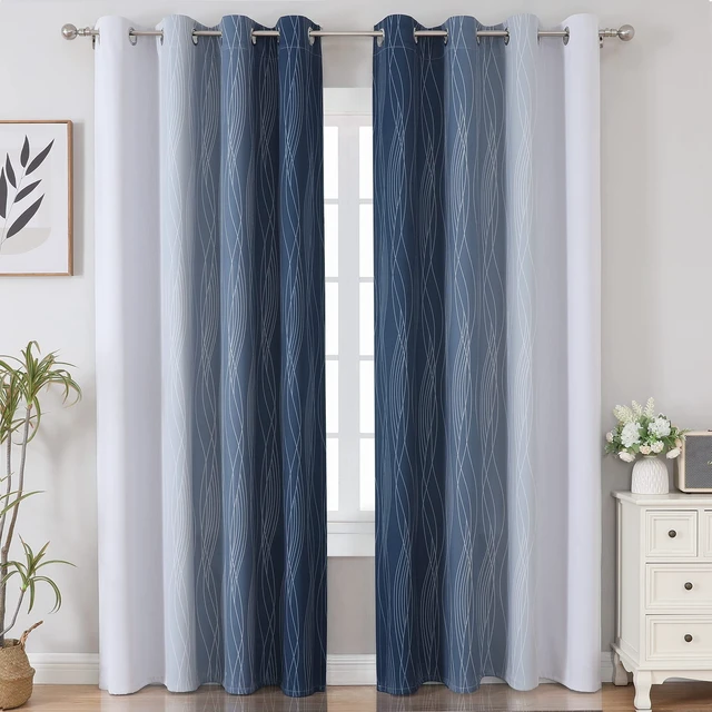 Alt view image 2 of 7 - Navy Blue and Greyish White Blackout Curtains for Living Room 84 Inch Long | Estelar Textiler Ombre Room Darkening Bedroom Curtains, Light Blocking