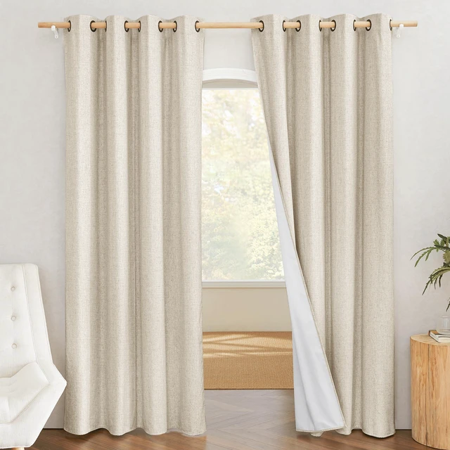 Main image of Natural 100% Blackout Linen Curtains 84 inch Long Burg for Living Room, 2 Panels, 52" Wide, Farmhouse Thick Completely Blackout Window Treatment Thermal Insulated Warm Drapes for Winter