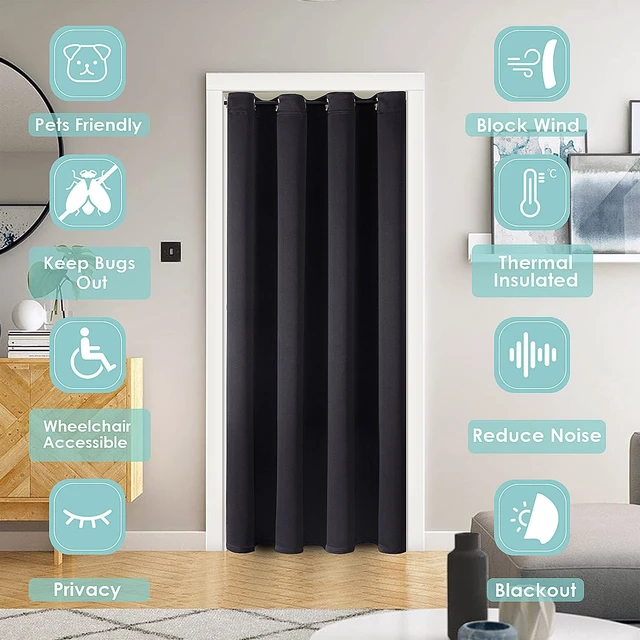Alt view image 2 of 7 - Blackout Curtains Door Curtain for Doorway Privacy Closet Drapes | 34W x 80L, Black, for Living Room/Bedroom Closet Door, Thermal Insulate Temporary Doorway Single Curtain Drapes, 1 Panel
