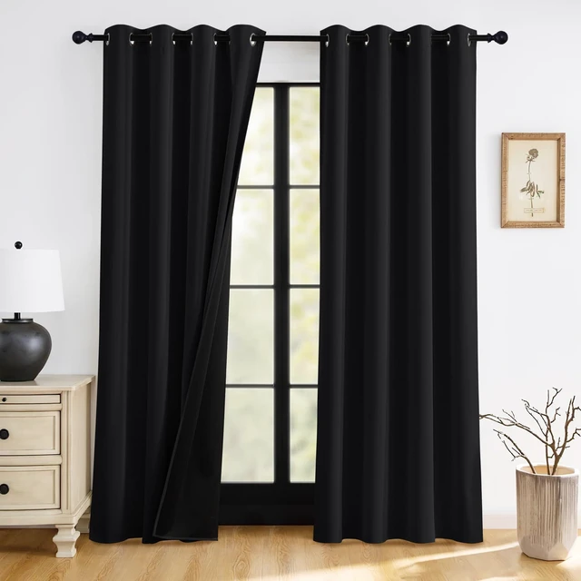 Main image of 100% Blackout Black Curtains for Bedroom Living Room 84 inch Long | Thermal Insulated, Heat UV Light Blocking, Noise Reducing, Window Curtains & Drapes for Kids Baby Room, W52 x L84, 2 Panels
