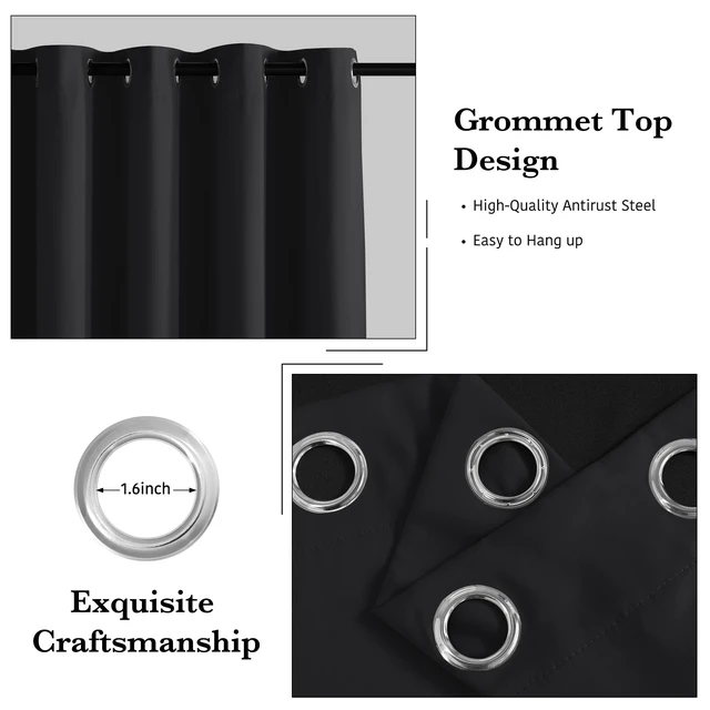 Alt view image 2 of 7 - 100% Blackout Black Curtains for Bedroom Living Room 84 inch Long | Thermal Insulated, Heat UV Light Blocking, Noise Reducing, Window Curtains & Drapes for Kids Baby Room, W52 x L84, 2 Panels