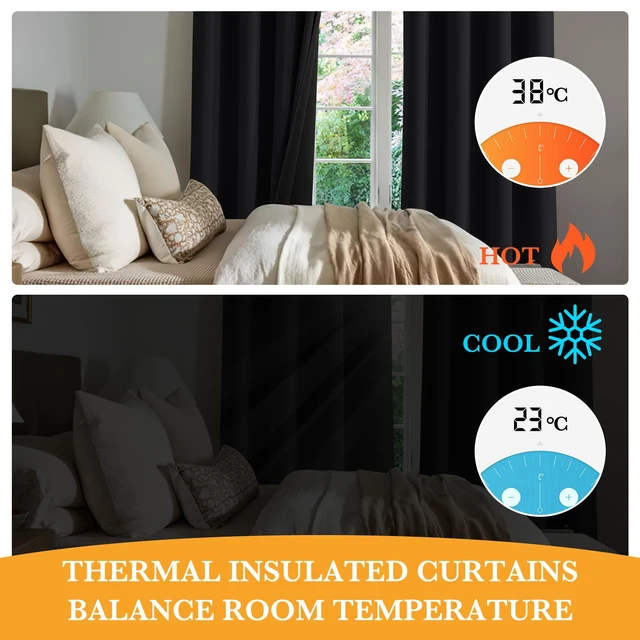 Alt view image 4 of 7 - 100% Blackout Black Curtains for Bedroom Living Room 84 inch Long | Thermal Insulated, Heat UV Light Blocking, Noise Reducing, Window Curtains & Drapes for Kids Baby Room, W52 x L84, 2 Panels