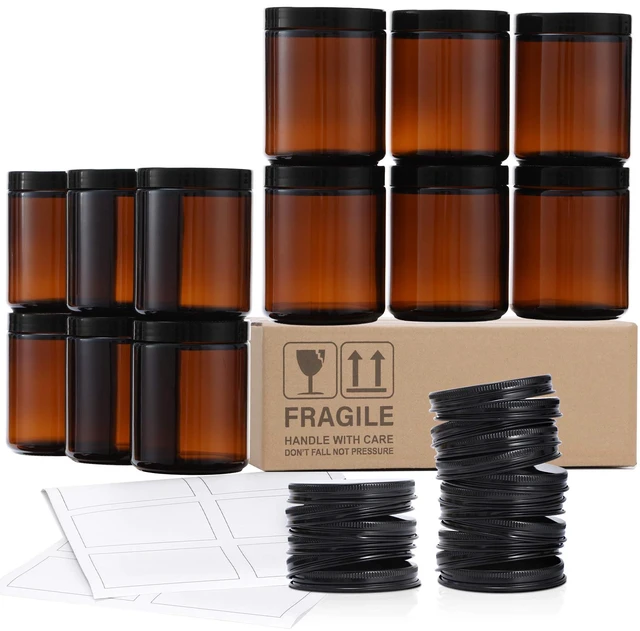 Main image of 12 Pack, 8 OZ Dark Amber Candle Jars for Making Candle - Thick Glass Jars with 12 Metal & 12 Plastic Lids - Empty Round Food Storage Containers, Canning Jar For Spice, Liquid, Sample - Food Grade