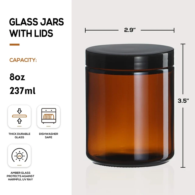 Alt view image 2 of 7 - 12 Pack, 8 OZ Dark Amber Candle Jars for Making Candle - Thick Glass Jars with 12 Metal & 12 Plastic Lids - Empty Round Food Storage Containers, Canning Jar For Spice, Liquid, Sample - Food Grade