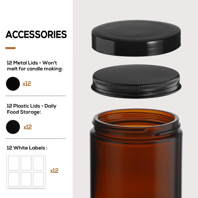 Alt view image 3 of 7 - 12 Pack, 8 OZ Dark Amber Candle Jars for Making Candle - Thick Glass Jars with 12 Metal & 12 Plastic Lids - Empty Round Food Storage Containers, Canning Jar For Spice, Liquid, Sample - Food Grade