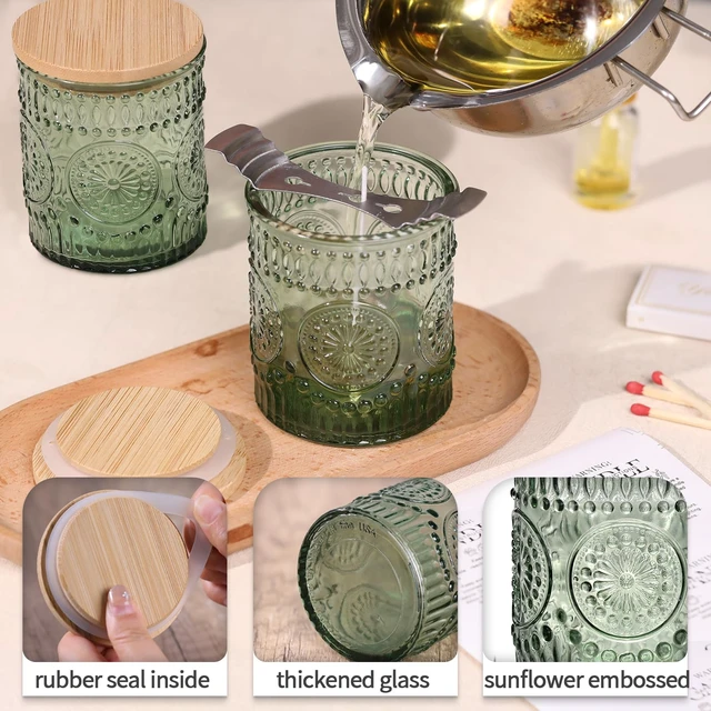 Alt view image 3 of 6 - 10 Pcs 8oz Glass Candle Jars with Lids, Candle Tins-Green | Premium Thick Glass, Secure Wooden Lids- Candle Jars for DIY Candle Making, Stunning Sunflower Design