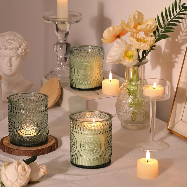 Alt view image 5 of 6 - 10 Pcs 8oz Glass Candle Jars with Lids, Candle Tins-Green | Premium Thick Glass, Secure Wooden Lids- Candle Jars for DIY Candle Making, Stunning Sunflower Design