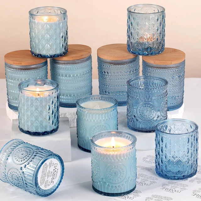 Main image of 12Pack Blue Candle Jars - 3 Styles Candle Jar with Lids for Any Décor | Set includes 8oz & 10oz, Natural bamboo lids with Rubber Seal, Locks in Fragrance, Ideal for DIY Candle Making