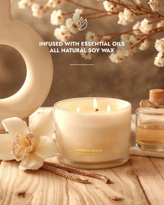 Alt view image 2 of 6 - Luxury Vanilla Soy Candles | Large 3 Wick Jar Candle | Up to 50 Hours Burning Time | 100% Natural Soy Wax | Relaxing Aromatherapy Aesthetic Candle | Housewarming Gift for Men and Women