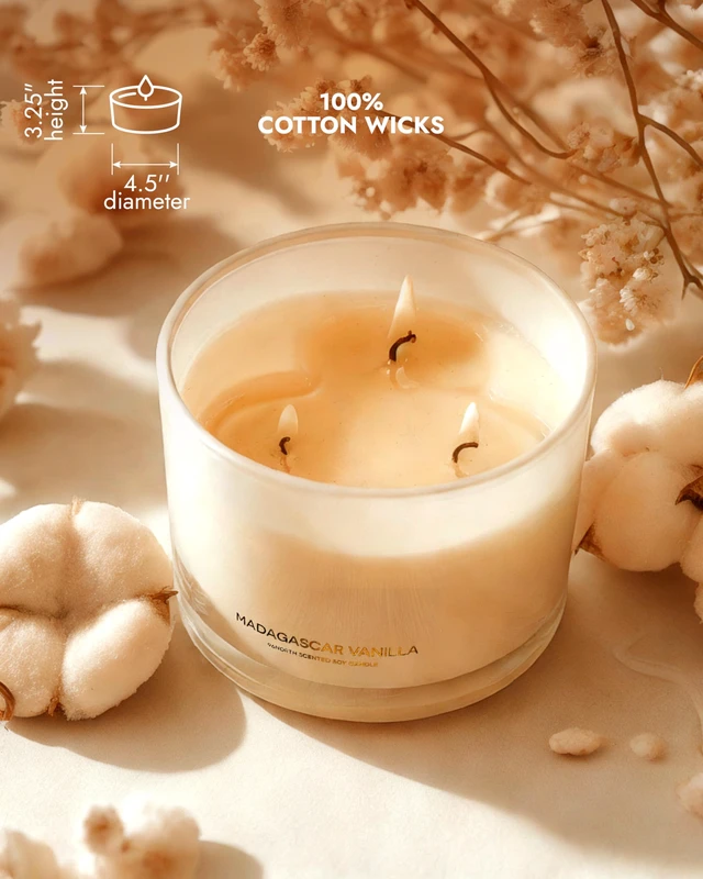 Alt view image 5 of 6 - Luxury Vanilla Soy Candles | Large 3 Wick Jar Candle | Up to 50 Hours Burning Time | 100% Natural Soy Wax | Relaxing Aromatherapy Aesthetic Candle | Housewarming Gift for Men and Women