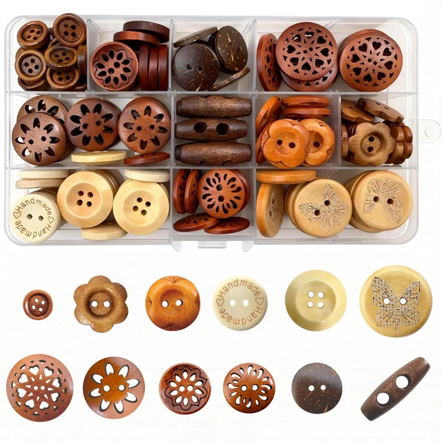 Main image of Assorted Wood Buttons for Sewing Crafts, 125Pcs Handmade Mixed Sewing Wooden Buttons with Storage Box for Clothes Sewing, Art DIY Craft