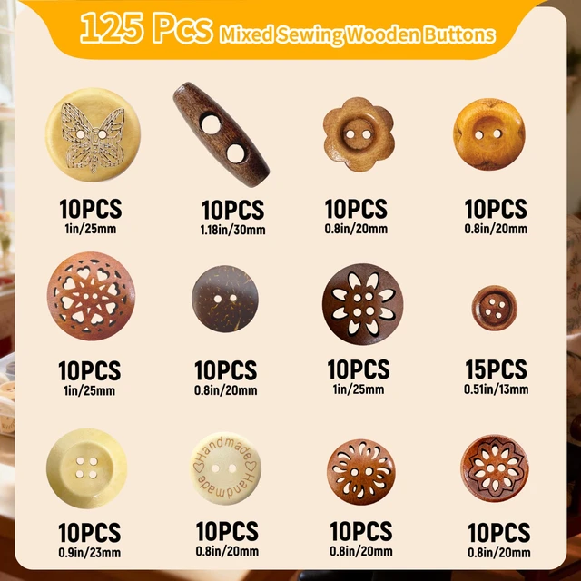 Alt view image 2 of 7 - Assorted Wood Buttons for Sewing Crafts, 125Pcs Handmade Mixed Sewing Wooden Buttons with Storage Box for Clothes Sewing, Art DIY Craft